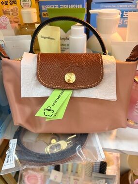 Longchamp Mini Top-Handle Bag in Pink Tea with Brown Flap